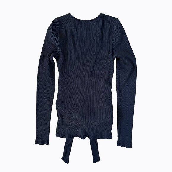Express One Eleven Wrap Top Navy Blue Ribbed V-Neck Balletcore 90s Y2K Sz S/P - Picture 2 of 5